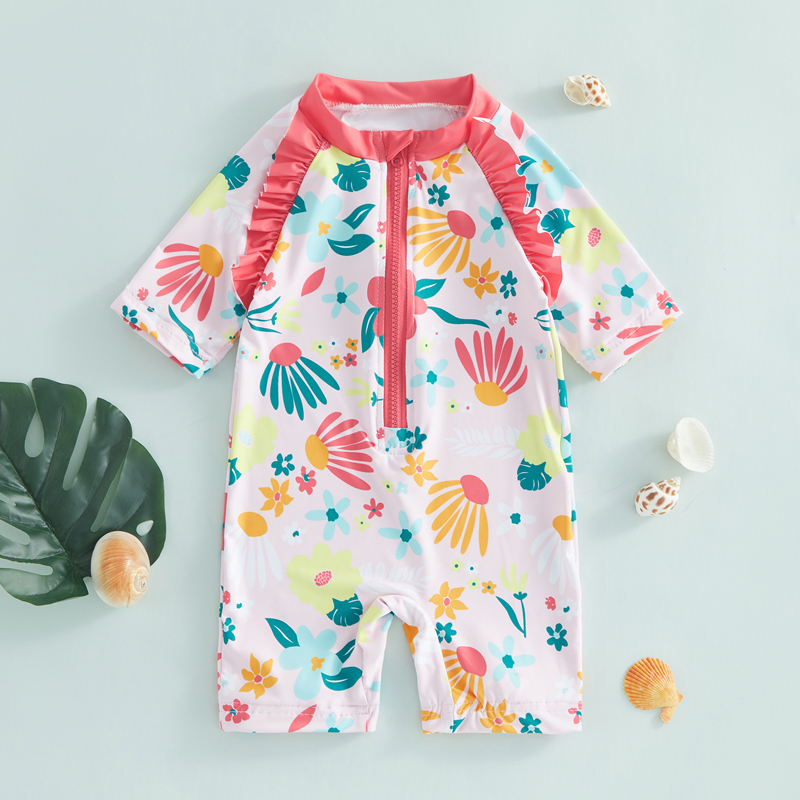 Summer Short Sleeve Floral Print Ruffle Bathing Suit Toddler Girls Rash Guard Swimsuit