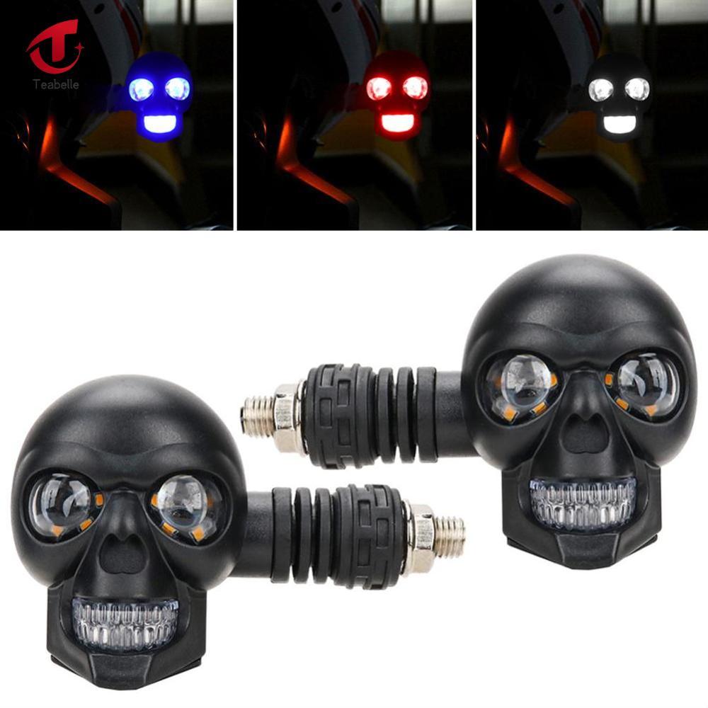 Teabelle 2 cái Mini Skull đèn báo rẽ xe máy 12V hai màu đỏ hổ phách thiết bị đèn chớp tín hiệu đèn DRL đèn cho kawasake Skull trang trí nội thất