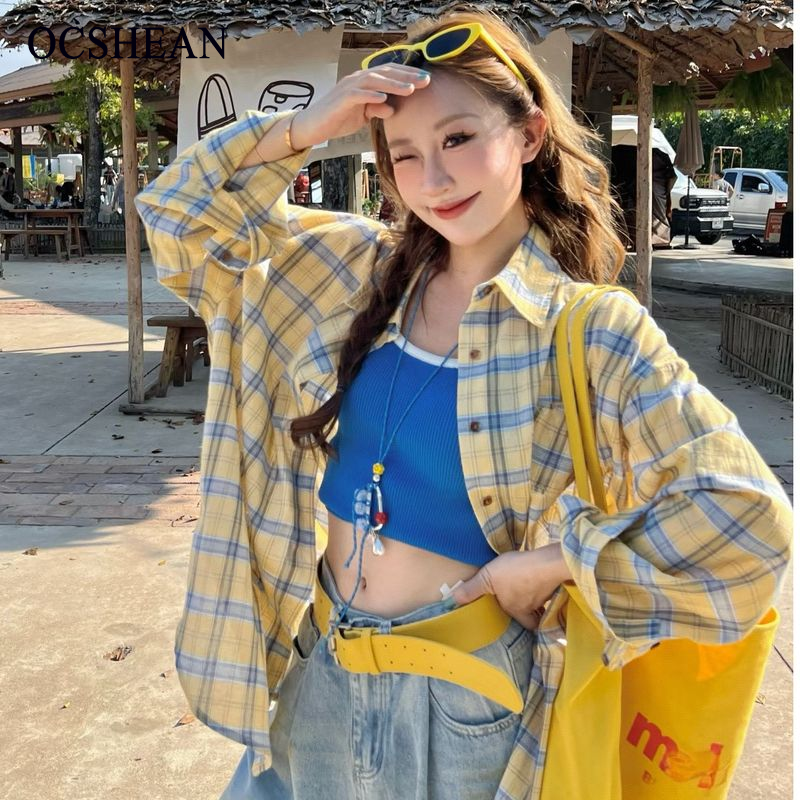 OCSHEAN เสื้อเชิ้ตผู้หญิงคอโปโลลายสก๊อตสีเหลืองสไตล์ชิวๆผู้หญิงฤดูใบไม้ผลิและฤดูร้อนคนส่วนน้อยลำลองหลวมยาวกันแดด ราคา 130 บาท*ส่งฟรี