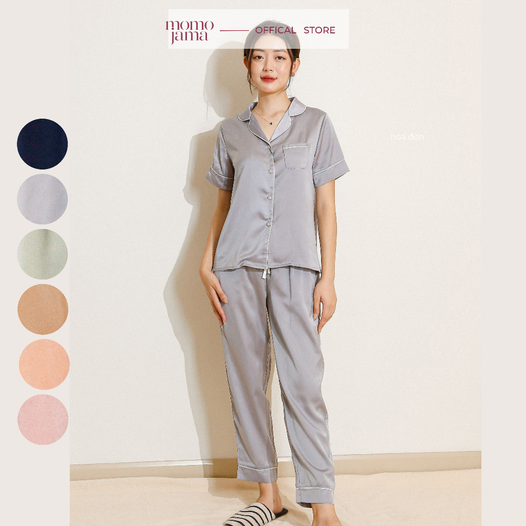 Bộ đồ ngủ mặc nhà MOMOJAMA pijama ngắn tay quần dài chất lụa thoáng mát, mềm mại cao cấp thanh lịch M1367