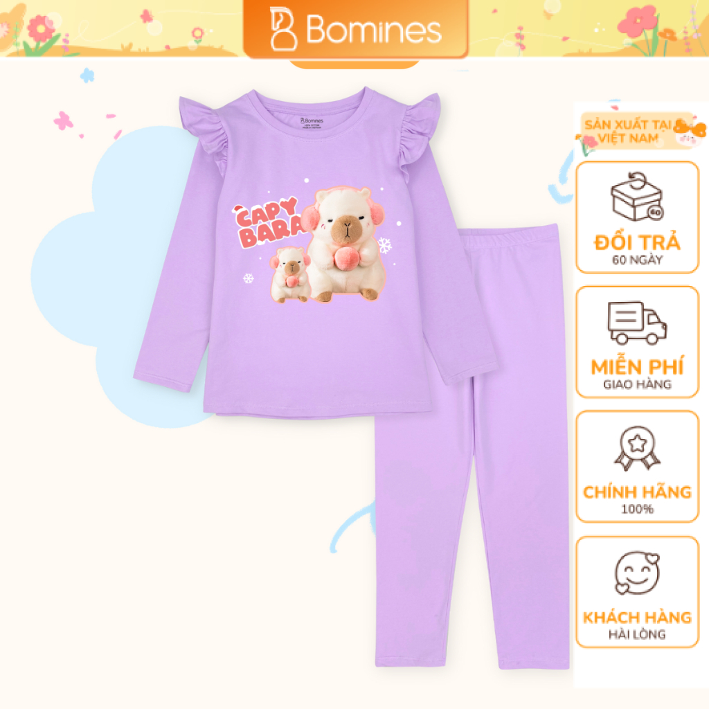 Đồ bộ bé gái tay dài mùa thu Capybara Bomines bộ ngủ thun cotton cho bé gái từ 3- 10 tuổi 12- 30kg D