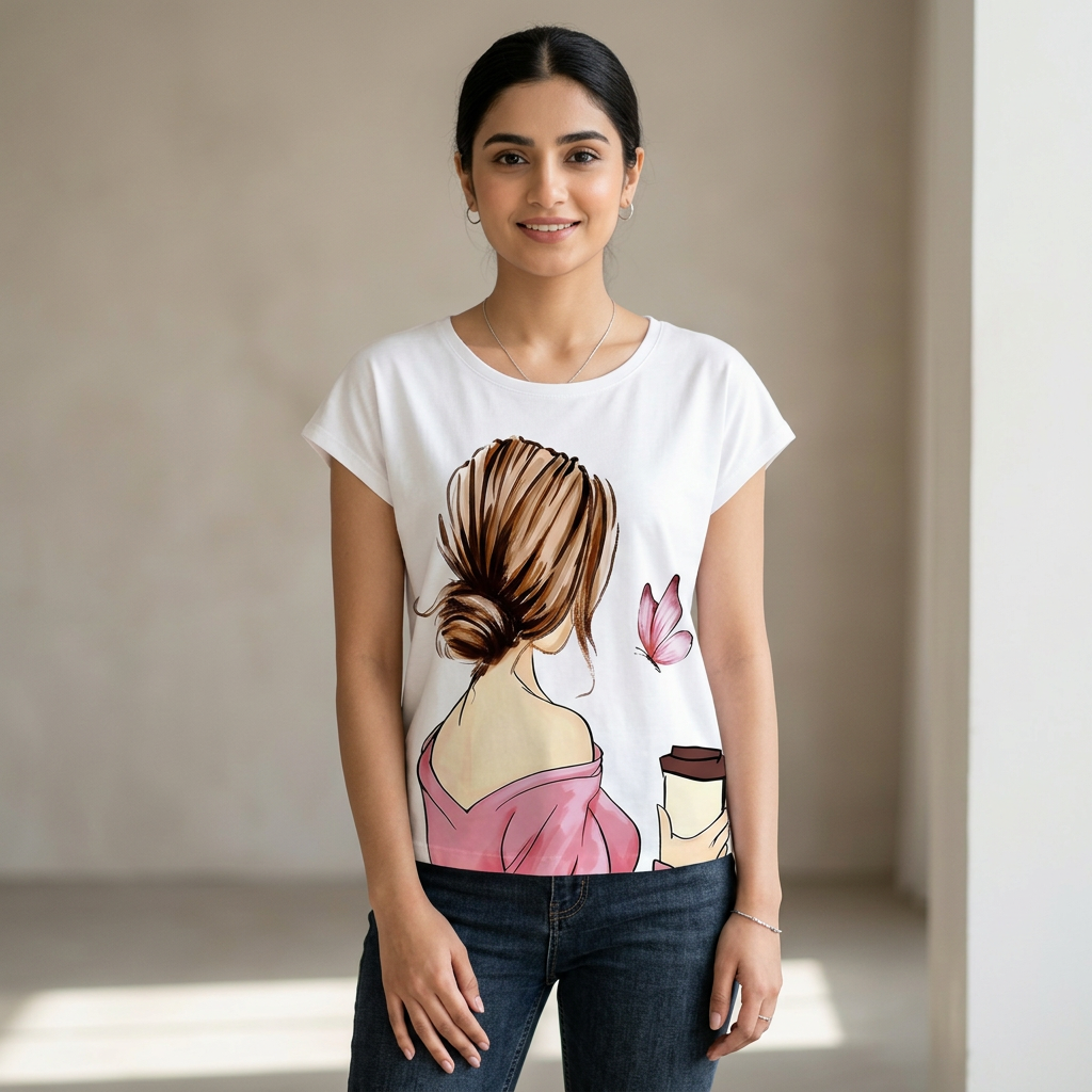 Printed White T Shirt For Girls And Women Fashion Garments House Cotton Round Neck Casual Summer Top