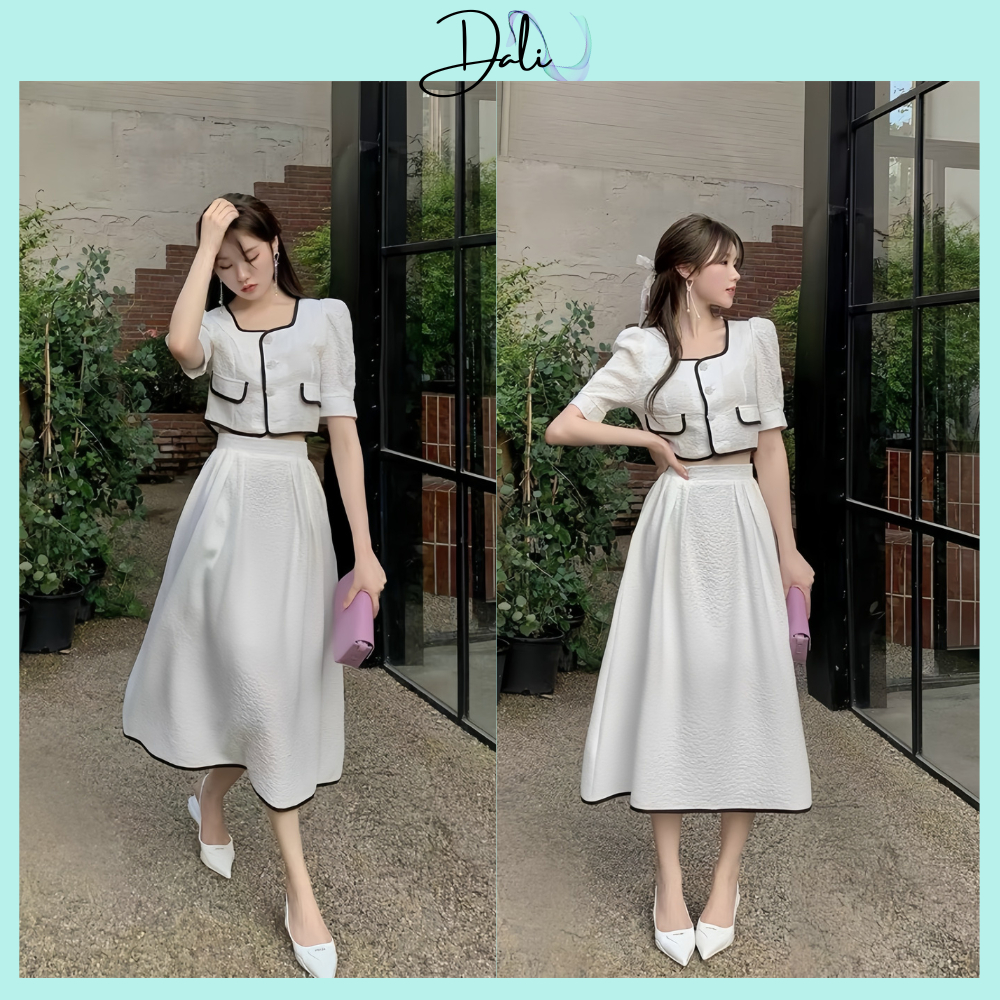 Set váy xốp dáng dài 2 lớp bo viền, gồm áo croptop cúc ngọc + chân váy dáng dài sang chảnh