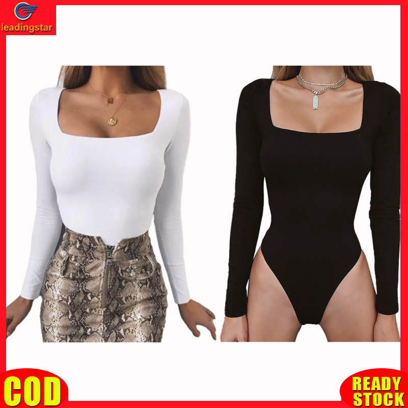 LeadingStar RC Authentic Women Long Sleeves Bodysuit Square Neck Thong Body Shaper Stretchy Solid Color Romper Open Crotch Jumpsuit ราคา 166 บาท*ส่งฟรี