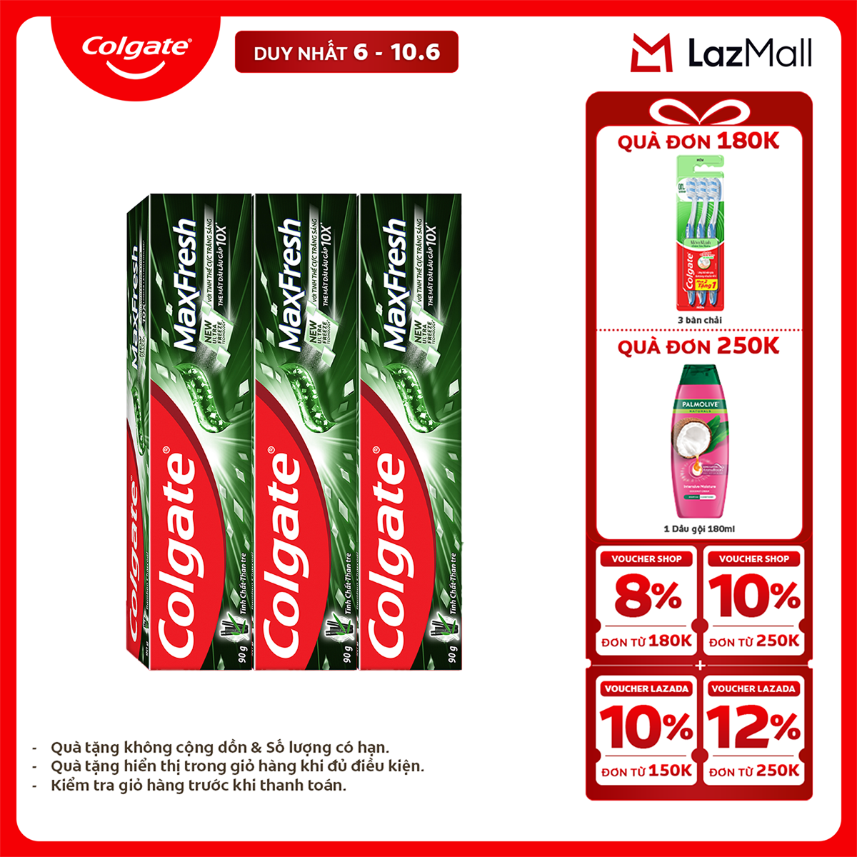 [Chỉ 6-10.6_X2 Voucher giảm 22%] Bộ 3 Kem đánh răng hơi thở thơm mát và làm trắng răng Colgate Maxfresh Bamboo Charcoal 90g