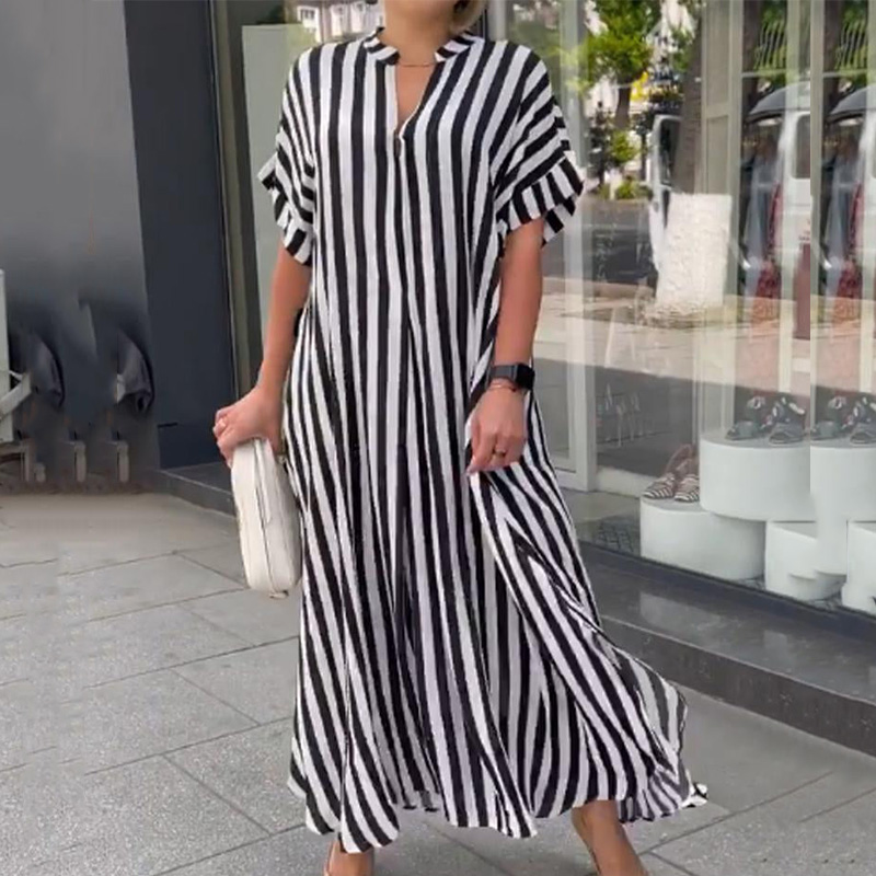 Phụ Nữ Giản Dị Xù Hem Áo Thun Áo Thời Trang Phụ Nữ V Cổ Sọc In T-Shirt Váy Mùa Hè Ngắn Tay Áo Lỏng Dài Dresses