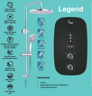 Champs Legend Instant Water Heater With DC Water Booster Pump & Rain Shower