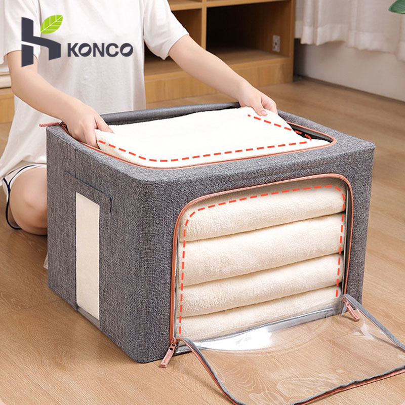 Konco 100L large Capacity Storage Bag with Built-in Steel Frame Foldable Cotton Storage Box for Clothes Blanket Quilt jeans Closet Organizer ราคา 436 บาท*ส่งฟรี