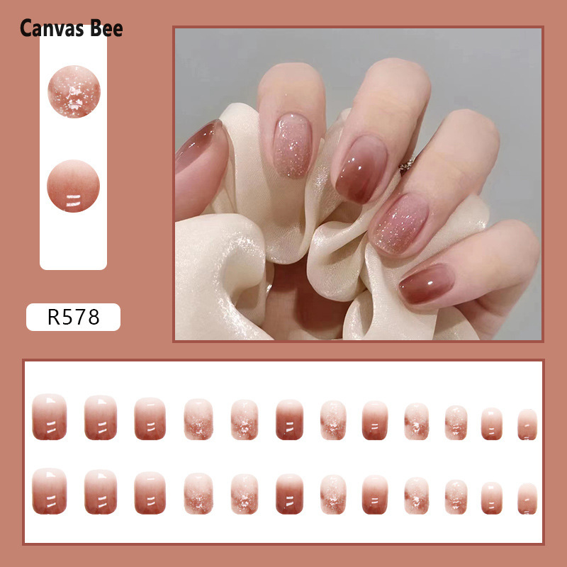 【Freeshipmax-canvas bee】 ngắn mặc làm móng tay, màu đơn giản popping băng màu đỏ trong suốt nâu làm móng tay, Gradient làm trắng phong cách, 24 miếng Móng Giả