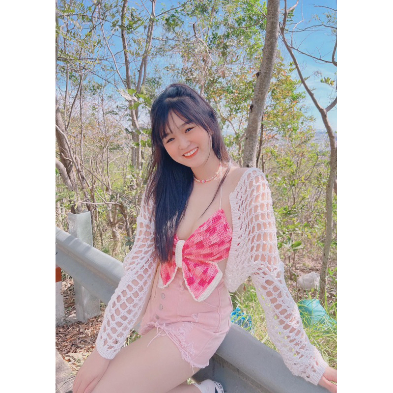 Áo len móc croptop nơ handmade áo thời trang mùa hè gợi cảm dành cho nữ