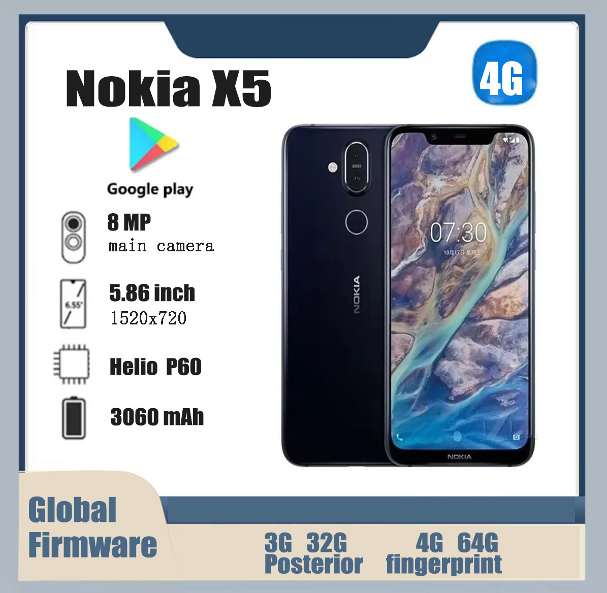 โนเกีย X5 4G มาร์ทโฟน 5.86 นิ้ว MTK Helio P60 3060mAh 8MP ภาพถ่ายโทรศัพท์มือถือ Android รุ่นเก่าทั่วโลก LTE ลายนิ้วมือ ราคา 2,000 บาท*ส่งฟรี