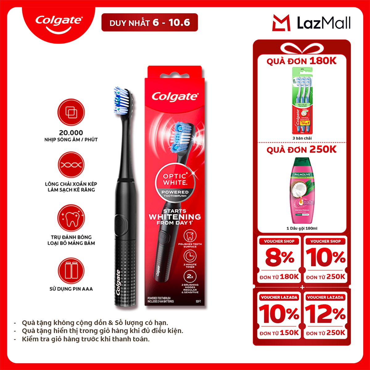 [Chỉ 6-10.6_X2 Voucher giảm 22%] Bàn chải điện Colgate Optic White dùng pin, cho răng trắng sáng với công nghệ sóng âm