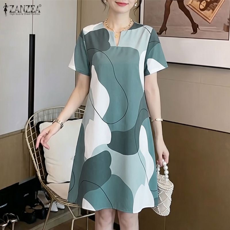 ZANZEA Korean Style Women Retro V-Neck Short Sleeve Dresses Geometric Prints Knee Length Loose Dress #0601 ราคา 383 บาท*ส่งฟรี