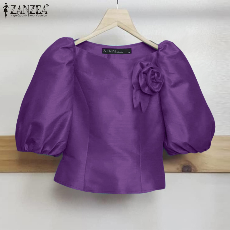 Celmia ZANZEA Phụ Nữ Thanh Lịch Một Mảnh Đường Viền Cổ 3D Áo Blouse in hình hoa ống tay phồng Top #0825