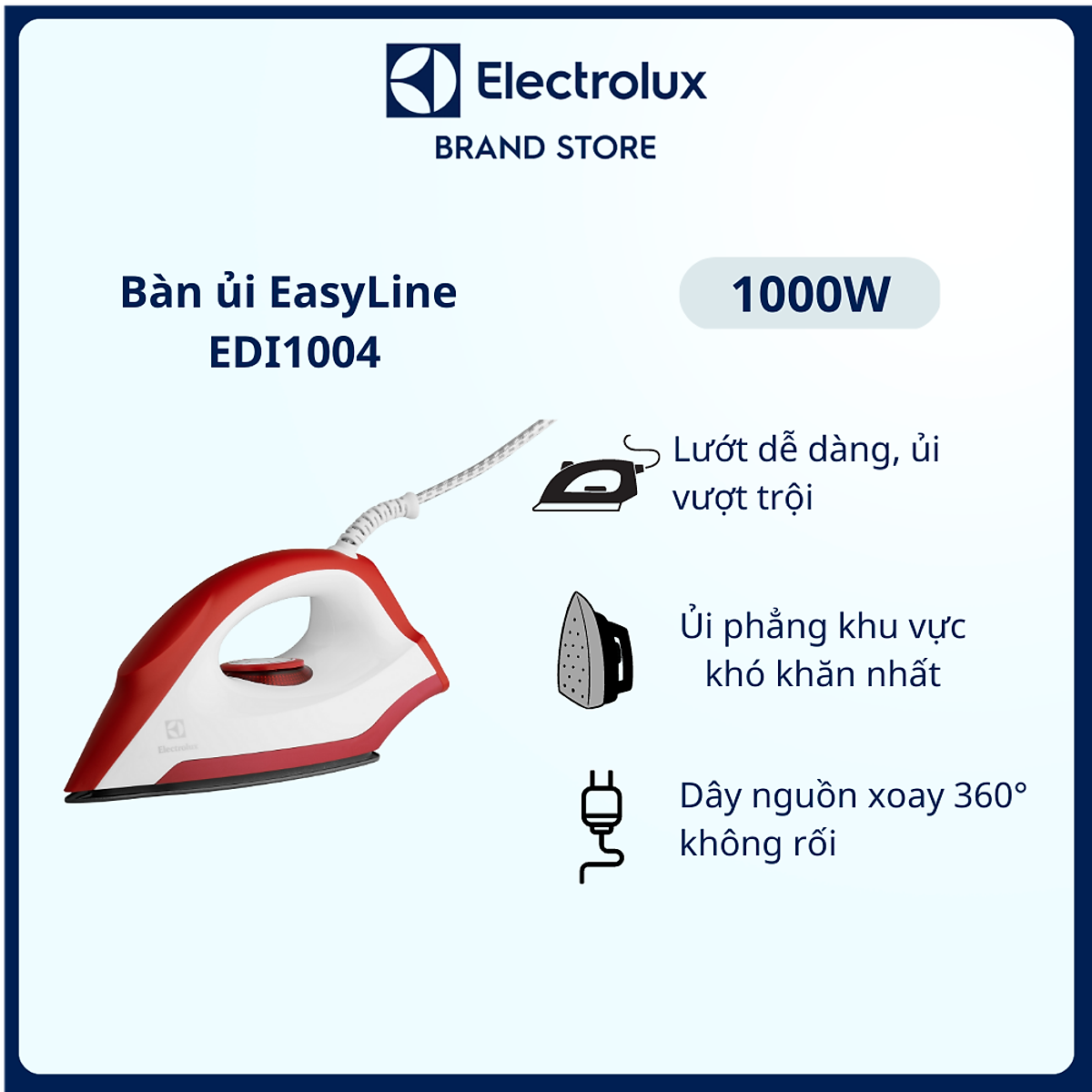 SALE - Bàn ủi khô Electrolux EDI1004- hàng like new giá rẻ trưng bày Mặt đế chống dính, Không xoắn dây (dây nguồn xoay 360 độ)