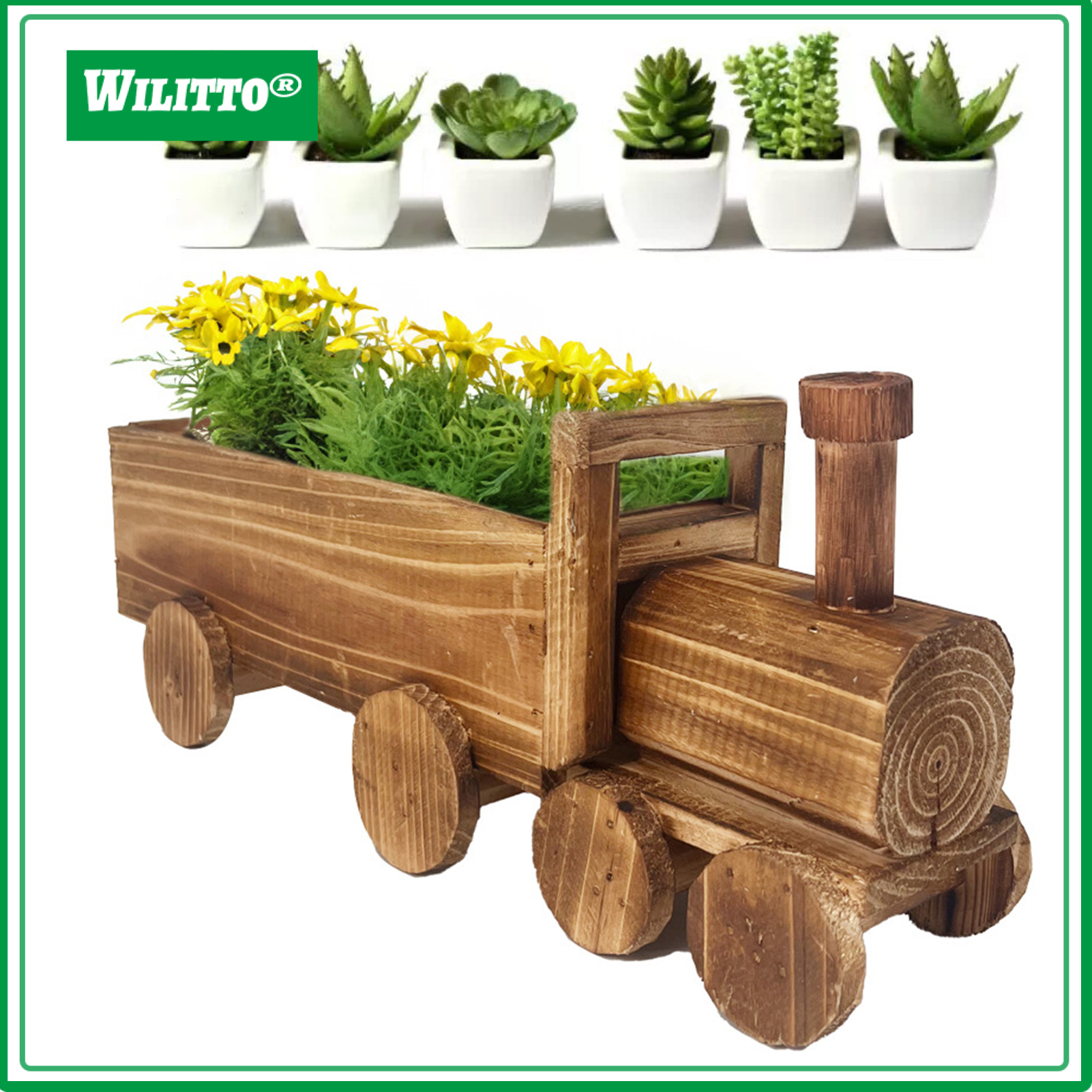 Train Flower Pot Wooden Vintage Bonsai Planter Home Garden Decor Rustic Plant Pot with Drainage Hole for Patio Balcony ราคา 1,014 บาท*ส่งฟรี