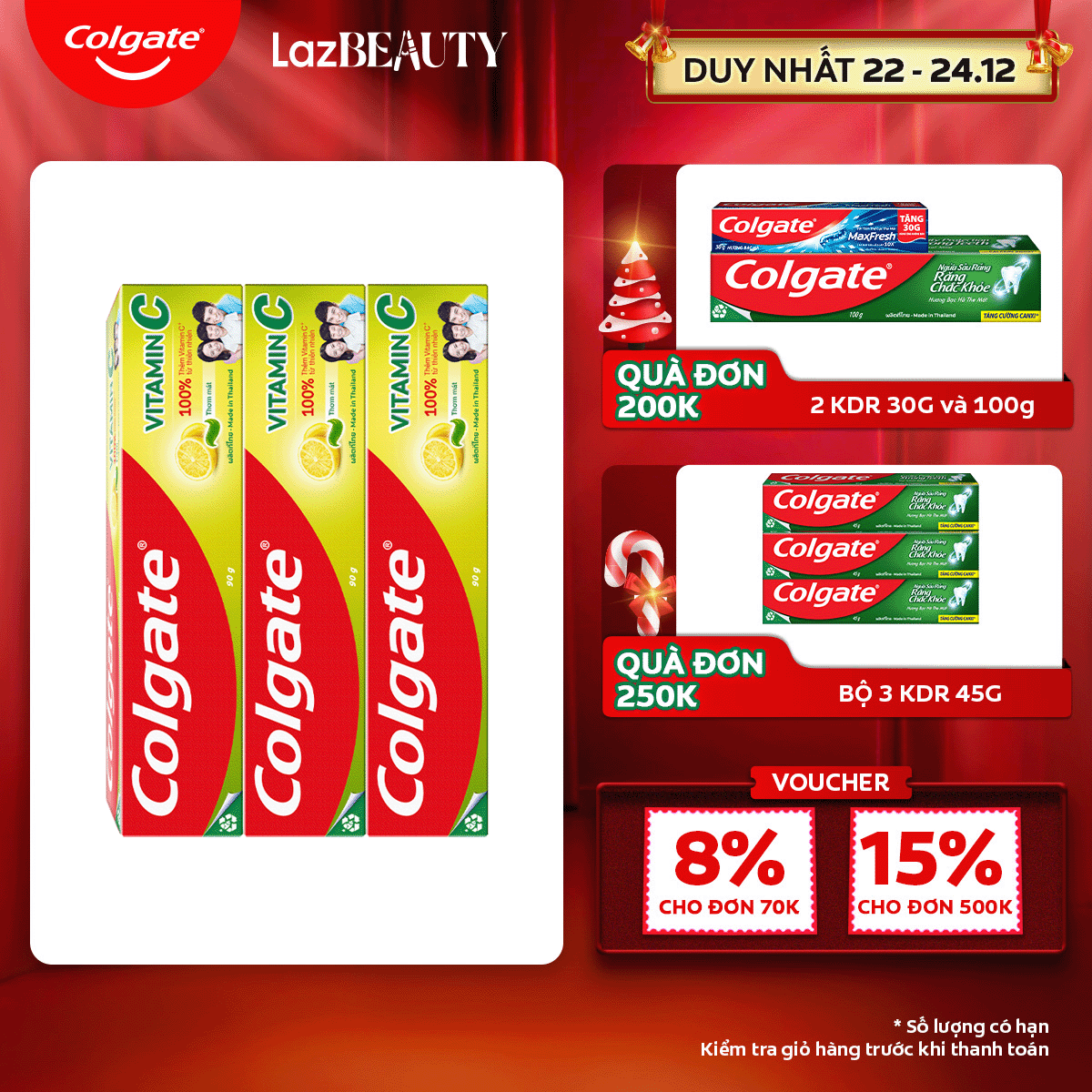 [Chỉ 22 - 24.12_Áp Voucher giảm thêm 8%]Bộ 3 Kem đánh răng Colgate Vitamin C thơm mát 90g