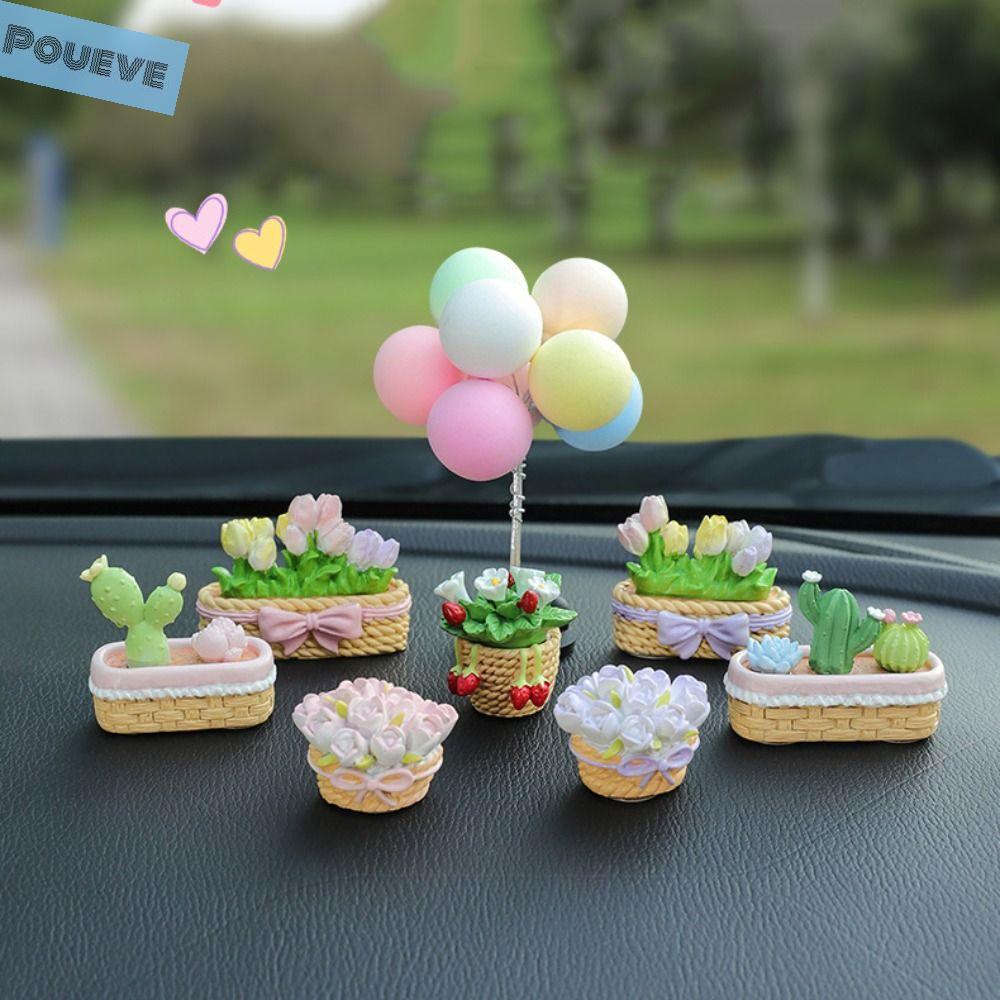 POUEVE Mọng nước Đồ trang trí xe hơi Hoạt hình Hoa Tulip Đồ trang trí Bảng điều khiển xe hơi Vật tư nội thất xe hơi Dễ thương Đồ trang trí búp bê hoạt hình Quà Tặng cặp đôi