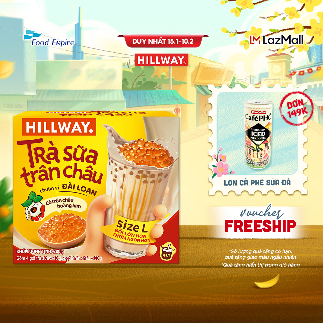 Trà Sữa Trân Châu Hoàng Kim - Hillway - Chuẩn vị Đài Loan size L (hộp 4 gói trà sữa 4 gói trân châu)