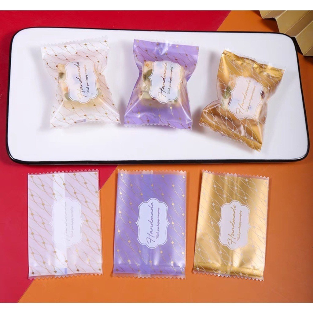 100PCS Cookie Packaging Bag Handmade Gold Purple White Cookie Bag Pastry Wrapper Wrapper Baking Packaging Bag