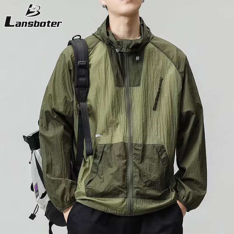 Lansboter nam rộng áo khoác Jacket mỏng quần áo chống nắng khâu tương phản mới Retro vận chuyển hàng hóa mặc nam có mũ tia UV mặt trời Áo khoác bảo vệ