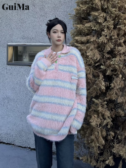 Guima nữ nhẹ nhàng ve áo len áo len sọc Nhật Bản