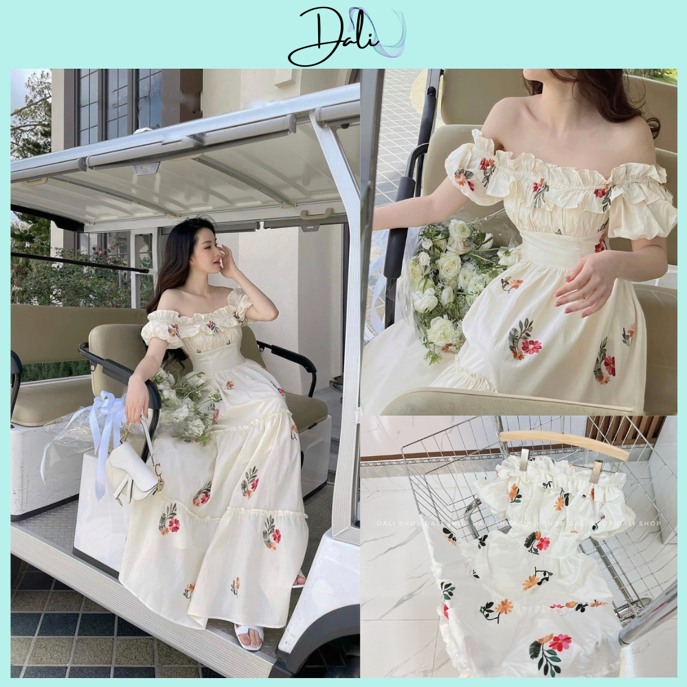 Váy hoa nhí trễ vai bèo ngực, đầm maxi dáng dài 2 lớp tiểu thư sang chảnh