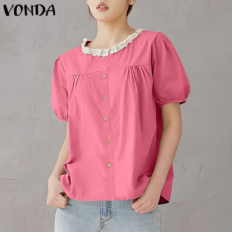 VONDA Womens French Style Lace Splicing Puff Sleeves Blouses Fashion Crew Neck Loose Solid Short Sleeves Pullover (Korean Causal)