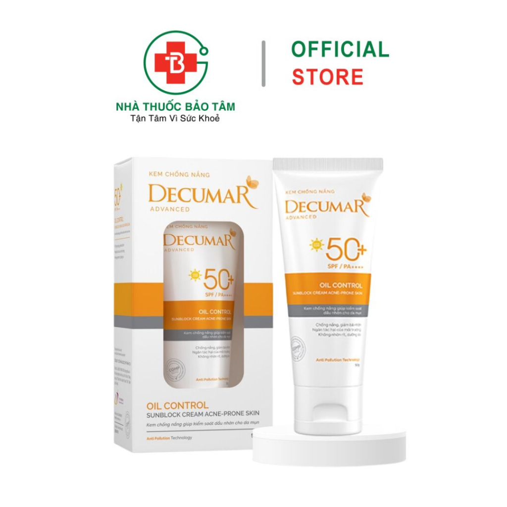 Kem chống nắng kiềm dầu cho da mụn Decumar Advanced Sunblock SPF50+ Tuýp 50g