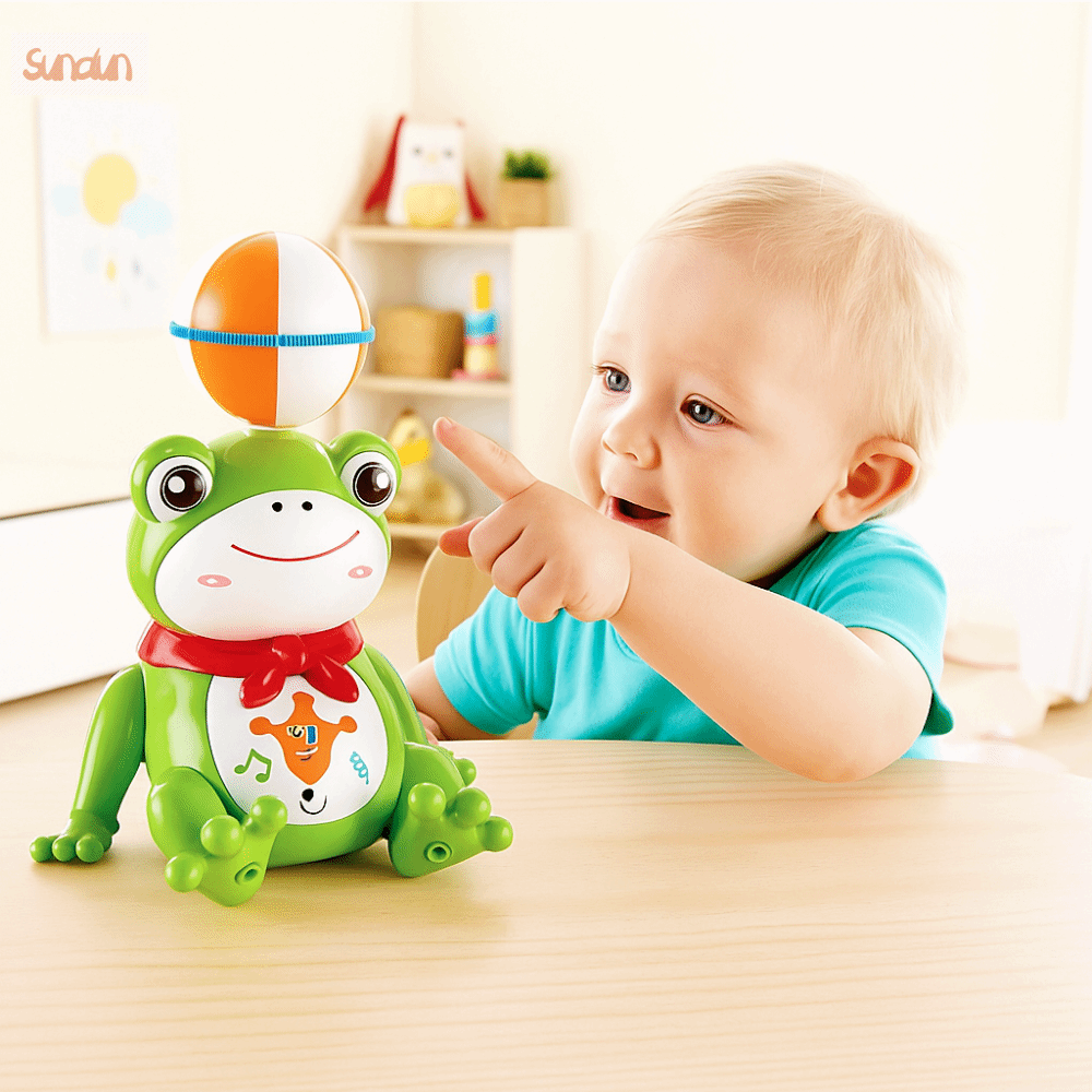 SUNDUN Nhựa Ếch nhảy múa điện Đèn LED có đèn Đồ chơi ếch điện cho trẻ em Đồ chơi bóng xoay Âm nhạc Đồ chơi ếch bóng quay Trẻ em và trẻ mới biết đi