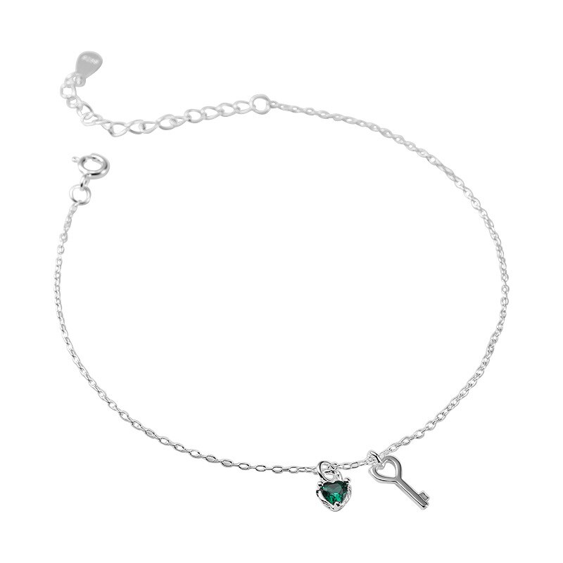 Thực sự 925 Sterling Bạc Vòng chân quan trọng người phụ nữ trái tim pha lê xanh lá cây vòng đeo chân trên dây đeo chân phụ nữ chân trần đồ trang sức mùa hè