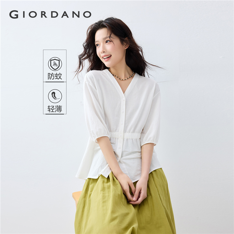 GIORDANO Women Blouses Anti-Mosquito Lightweight Blouses V-Neck Tapered-Waist Elbow Sleeve Fashion Casual Blouses 05345494 ราคา 1,299 บาท*ส่งฟรี