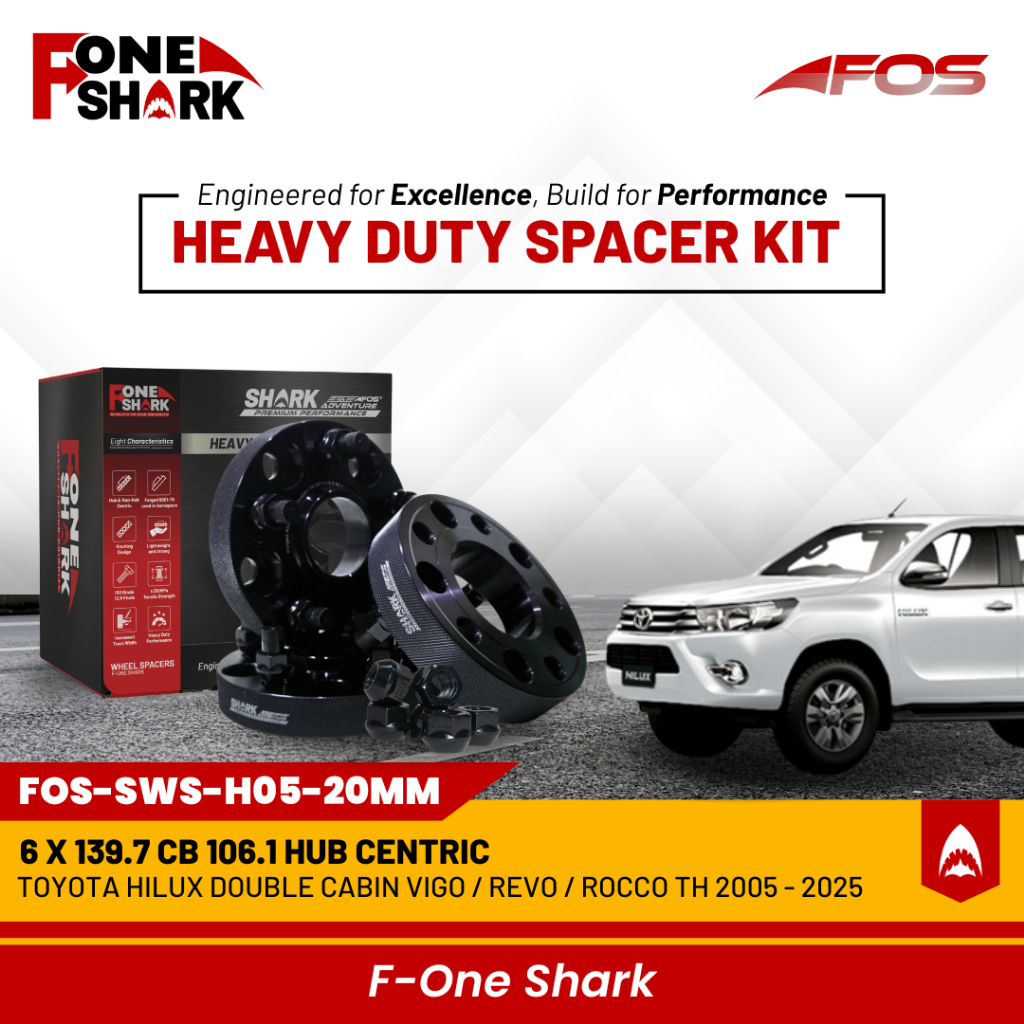 F-one shark FOS heavy duty wheel spacer adaptor Roda Velg Toyota HiLux double cabin Vigo/Revo/Rocco th 2005 - 2025 aluminium alloy T6061 PCD 6x139.7x106.1 hub centric F one shark premium [FOS] Harga 1,200,000 rupiah*Gratis Ongkir