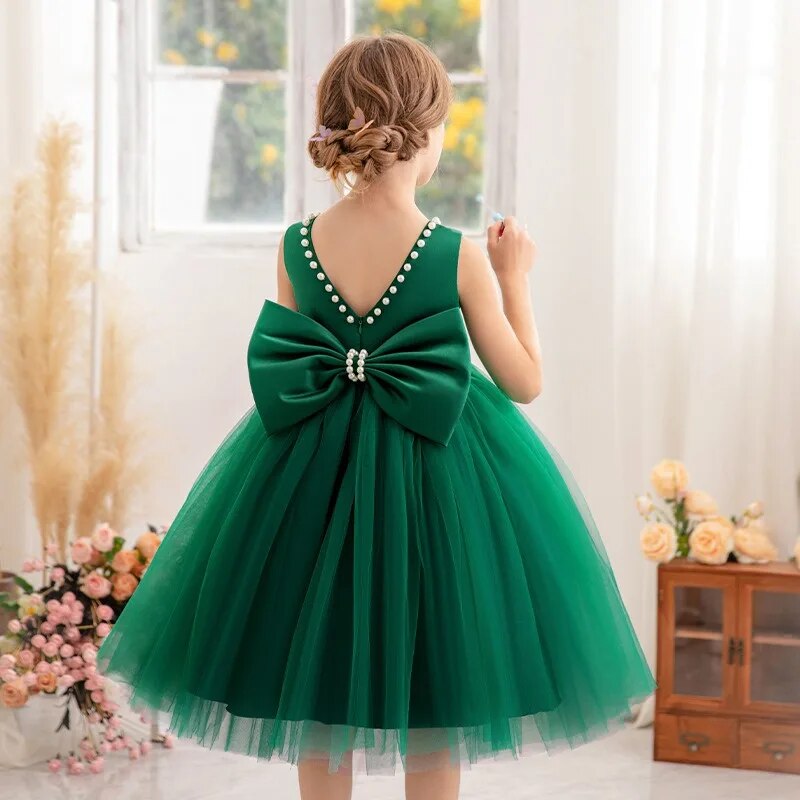 Váy bé gái màu xanh lá cây đồng bằng 2-12 tuổi nơ to ngọc trai phồng lưới trên lưng bé vestidos 2 4 