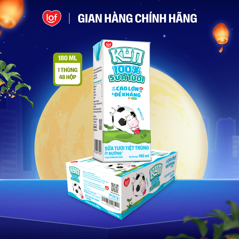 100% sữa tươi KUN ít đường thùng 48 hộp x 180ml