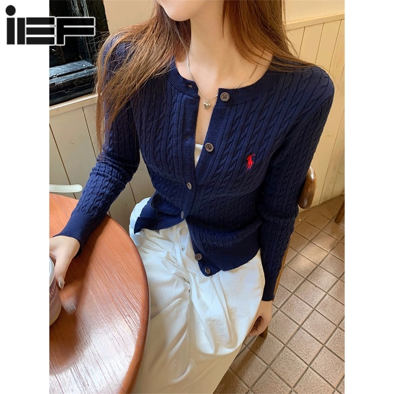  Ief phong cách Hàn Quốc dài tay áo xoắn áo len đan của phụ nữ thêu Áo khoác ngắn Cardigan 