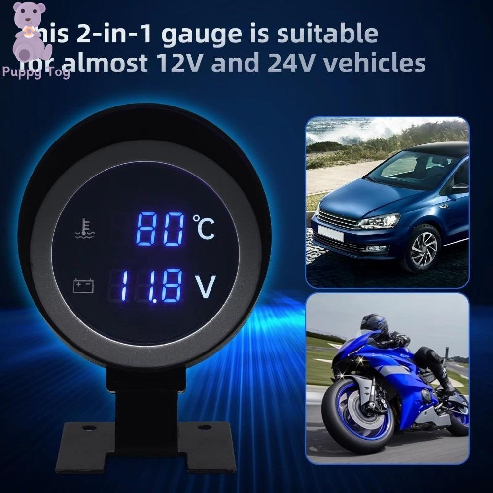 TESDFD LCD tròn Đồng hồ đo điện áp 2 trong 1 Màn hình kỹ thuật số Ánh sáng xanh Đồng hồ đo điện áp Cảm biến nhiệt độ DC 9V-36V Máy đo nhiệt độ nước Ô tô