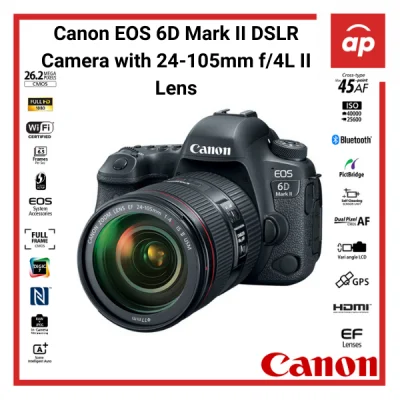 (12 + 3months Warranty) Canon EOS 6D Mark II DSLR Camera with 24-105mm f/4L II Lens + freegits