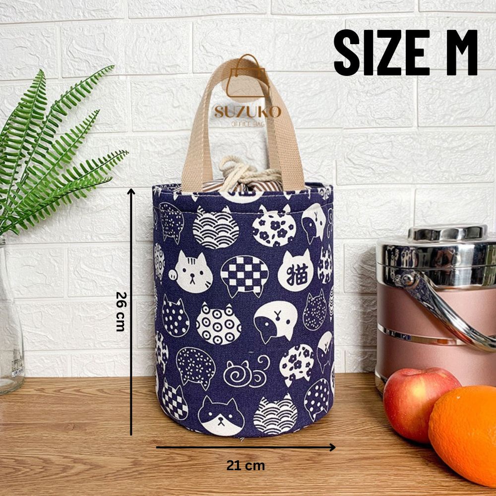 Túi đựng cơm hộp văn phòng size lớn hình trụ giữ nhiệt nóng lạnh Mèo Nhật Bản cute vải canvas cao cấ