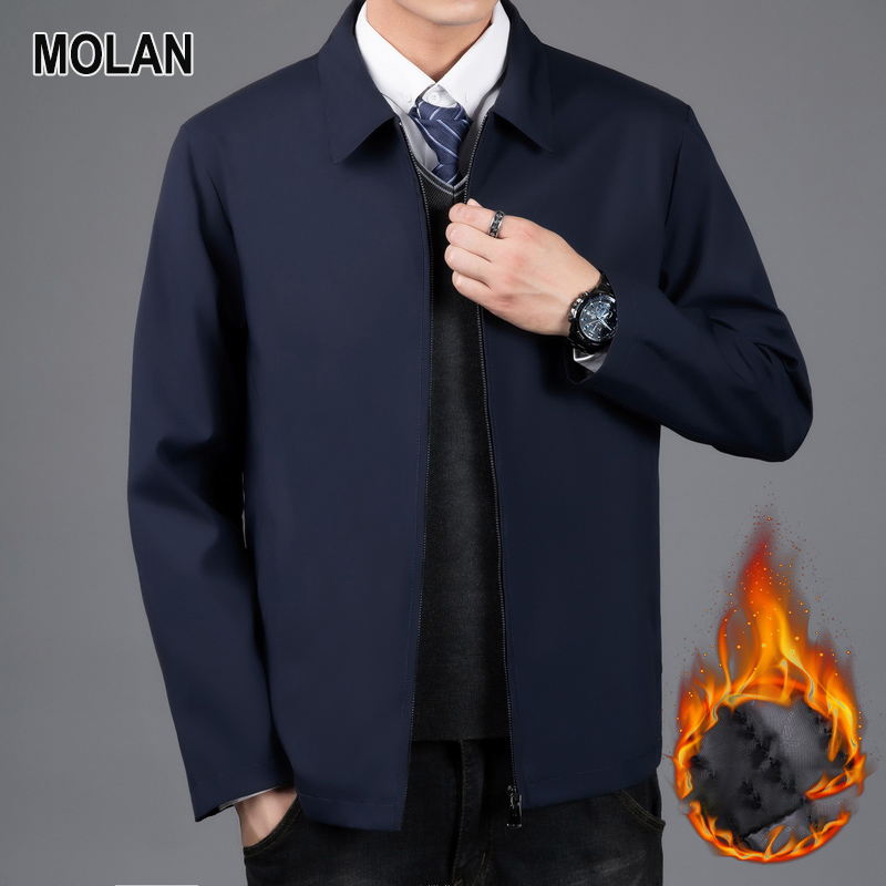 MOLAN Mùa thu và mùa đông dày trung niên và cao tuổi ve áo Áo Khoác Nam Kinh Doanh Áo khoác màu trơn đơn giản đa năng