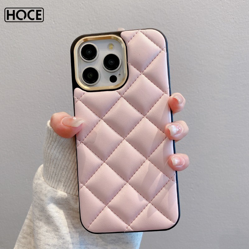 Hoce 3D Mềm Lingge Kim Cương Kiểm Tra chất liệu da PU Ốp điện thoại cho Iphone 15 14 13 12 Pro Max 15 Cộng Với Lỗ Lớn Bảo Vệ Bìa