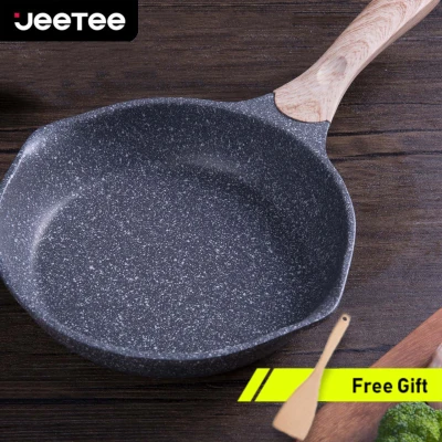 JEETEE non stick marble stone frying pan large capacity granite flat egg frypan with wooden handle,suitable for all cookers induction safe