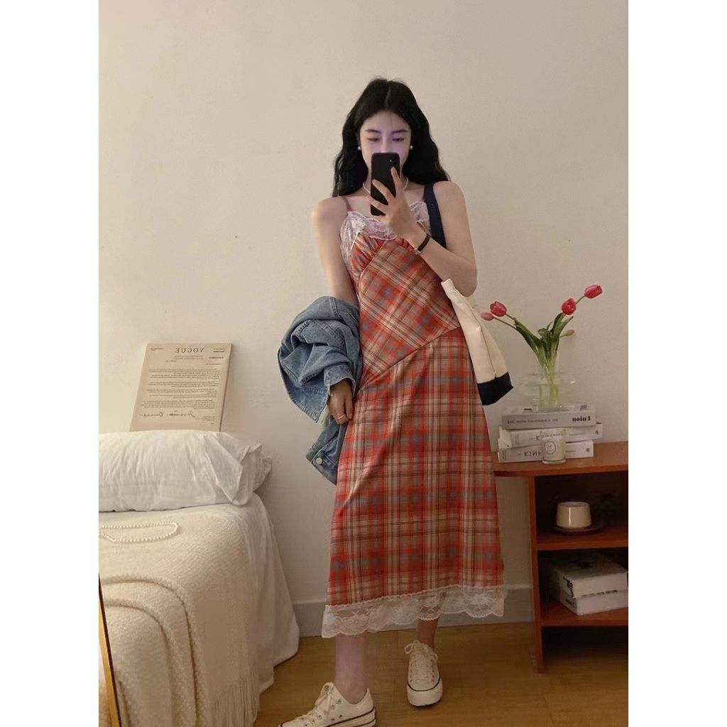 Đầm hai dây caro đỏ cực slayyy