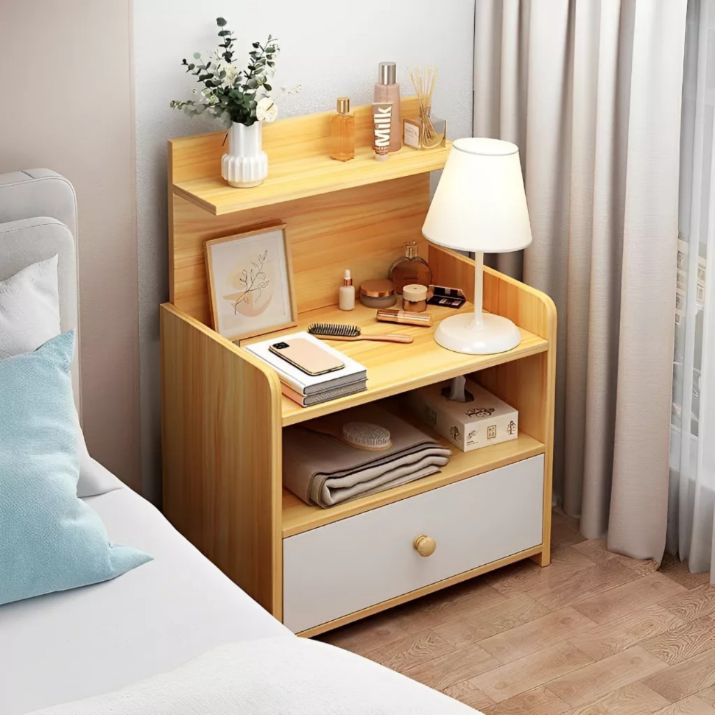 Tủ đầu giường lưng cao có ngăn kéo chân gỗ tự nhiên lắp ghép tiện ích