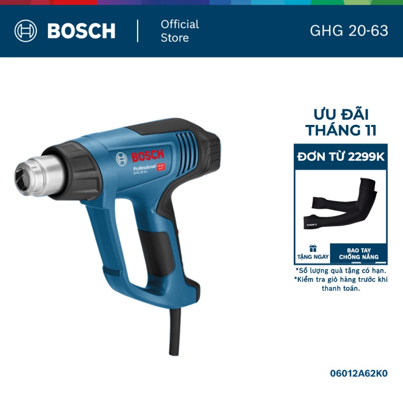 Súng thổi hơi nóng Bosch GHG 20-63 Professional - Công suất 2000W, Điều chỉnh nhiệt độ liên tục từ 50°C đến 630°C