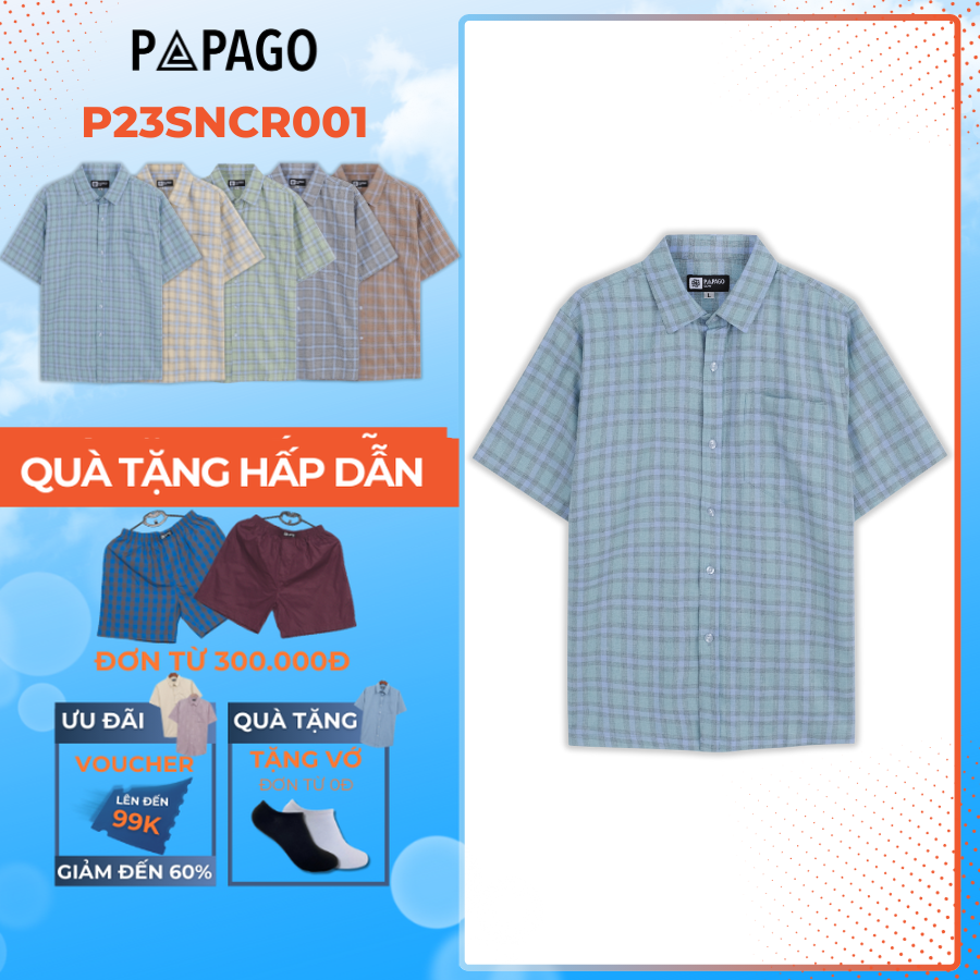 Áo sơ mi nam Trung niên PAPAGO tay ngắn sọc caro chất liệu xô đũi mềm mịn cao cấp - P23SNCR001