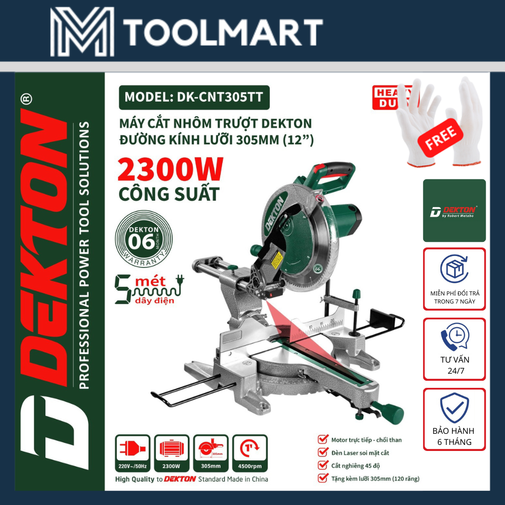 MÁY CẮT NHÔM TRƯỢT 305MM DEKTON 2300W 2 DÂY CUROA - TẶNG 1 LƯỠI CƯA - MOTOR TRỰC TIẾP, CẮT NGHIÊNG - DK-CNT305TT