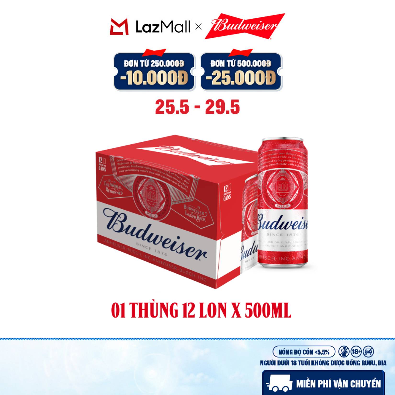 Thùng 12 Lon Bia Budweiser (500ml/lon)