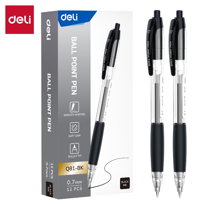 Deli 12Pcs 0.7mm Press Ballpoint Pen Black Blue Red EQ81