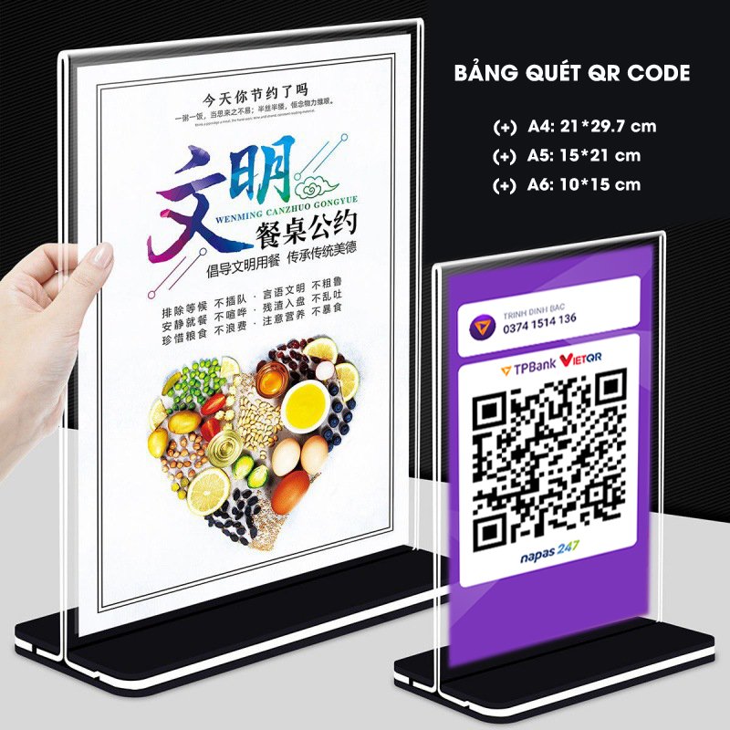 Bảng quét mã QR, QR code để bàn 2 mặt mica trong suốt cao cấp ,menumica